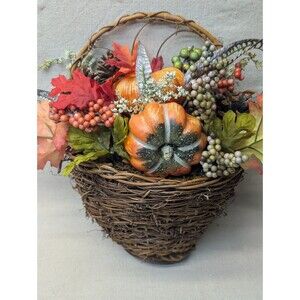 Nearly Natural Faux Pumpkin & Berry Hanging Basket 14" Autumn Door Decoration